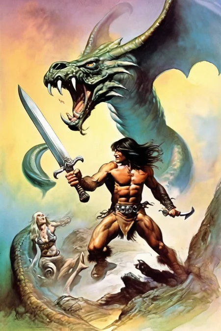conan the barbarian attacks a large angry serpent, sword and sorcery, bb book cover <lora:Fantasy_art_XL_V1:0.75> stunning fantasy art by boris vallejo