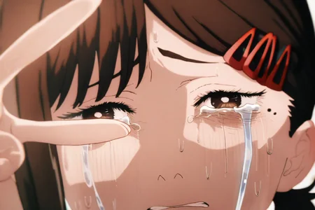 1girl,higashiyama kobeni,solo,brown hair,hair ornament,crying,hairclip,brown eyes,tears,looking at viewer,crying with eyes open,mole,single sidelock,mole under eye,sweat,sad,short ponytail,
<lora:Chainsaw man animation style-NOOB05-lokr-000024>,(peace sign:1.2),