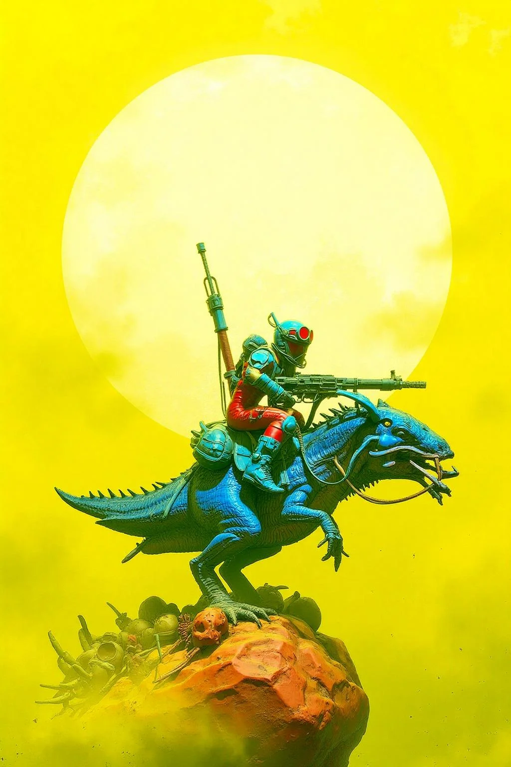 pascalblanche1 illustration.
A bright yellow moon dominates the background. A figure in a blue and red suit with helmet and goggles rides a blue reptilian creature with sharp claws and a curved beak. The rider holds a weapon and is positioned on rocky ground scattered with skulls and debris. <lora:pascalblanche1_cap_d8a4:1.0><lora:860255382063335281:0>