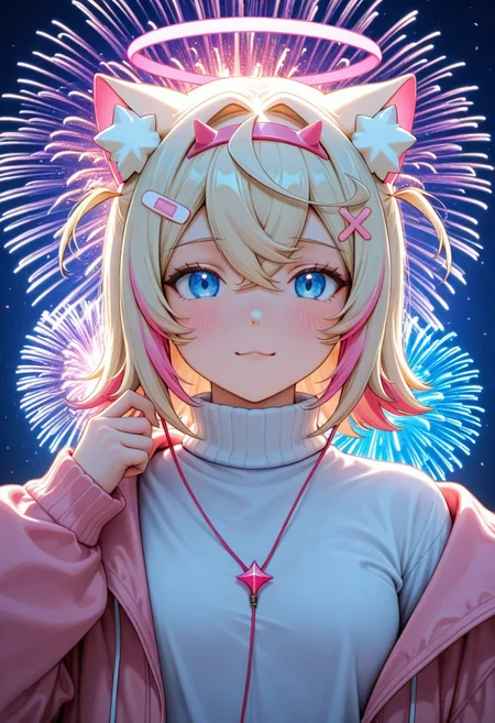 d_up, 1girl, mococo abyssgard, blonde hair, pink hair, blue eyes, earphones, multicolored hair, medium hair, shirt, turtleneck, sweater, long sleeves, turtleneck sweater, jacket, glitch, upper body, abstract background, white shirt, halo, fireworks, looking at the viewer, cute