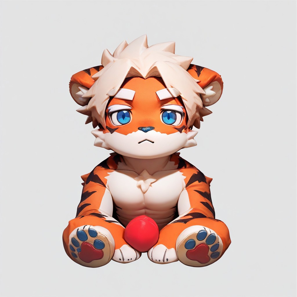 score_9_up, score_8_up, score_7_up, source_furry, milkytiger, tiger ears, tiger boy, white eyebrows, blue eyes, 1boy, solo, mikus-fumo. full body, looking at the view, fumo style, sitting, simple background, toys, toys