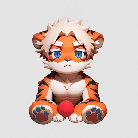 score_9_up, score_8_up, score_7_up, source_furry, milkytiger, tiger ears, tiger boy, white eyebrows, blue eyes, 1boy, solo, mikus-fumo. full body, looking at the view, fumo style, sitting, simple background, toys, toys