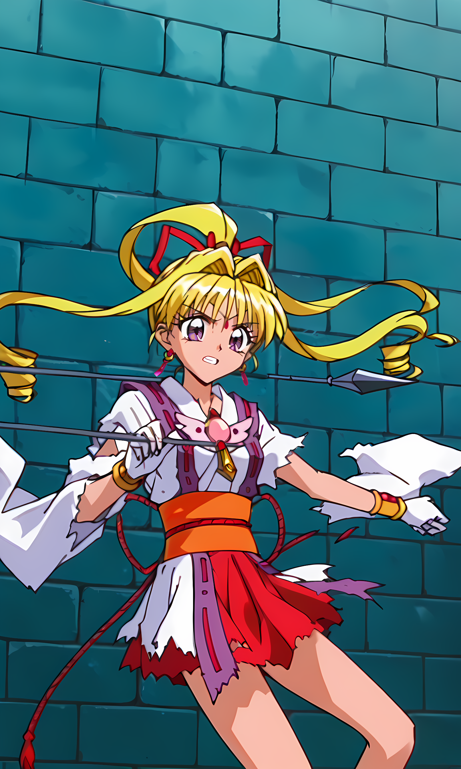 8k, best quality, solo, cute, score_9, score_8_up, score_7_up, 90s anime, Masterpiece, source_anime, KKJ, (Artist A Style:1.3), forehead jewelry, purple eyes, blonde hair, hair intakes with drill long sidelocks, very long hair, one high drill ponytail at the back, red hair ribbon, earrings, torn white kimono, torn white layered kimono miniskirt with red under layer, 2 torn purple straps on torn layered kimono miniskirt, 2 torn purple straps, pink gem on chest, torn white wide sleeve on the right arm, torn white short sleeve on the left arm, left sleeve completely torn, gold bracelet, white gloves, orange obi, red obijime cord, bow-shaped knot on waist with tassels, bare legs, serious, clench teeth, dynamic pose,  cowboy shot, brick wall, spears,  