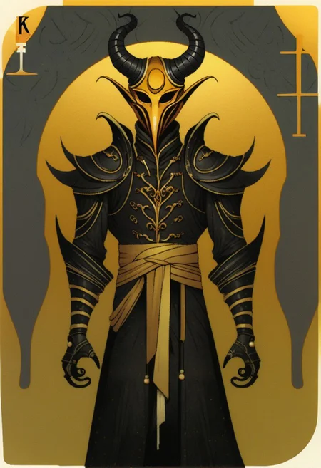 dark grey background, art déco, occultist, antiquarian, ((male tiefling)), byzanthine man in black and yellow robes, (ornate censer), ((man wearing golden ibis mask)), (((man wearing turban))), ((upwards shoulder pads)), golden horns, golden wings