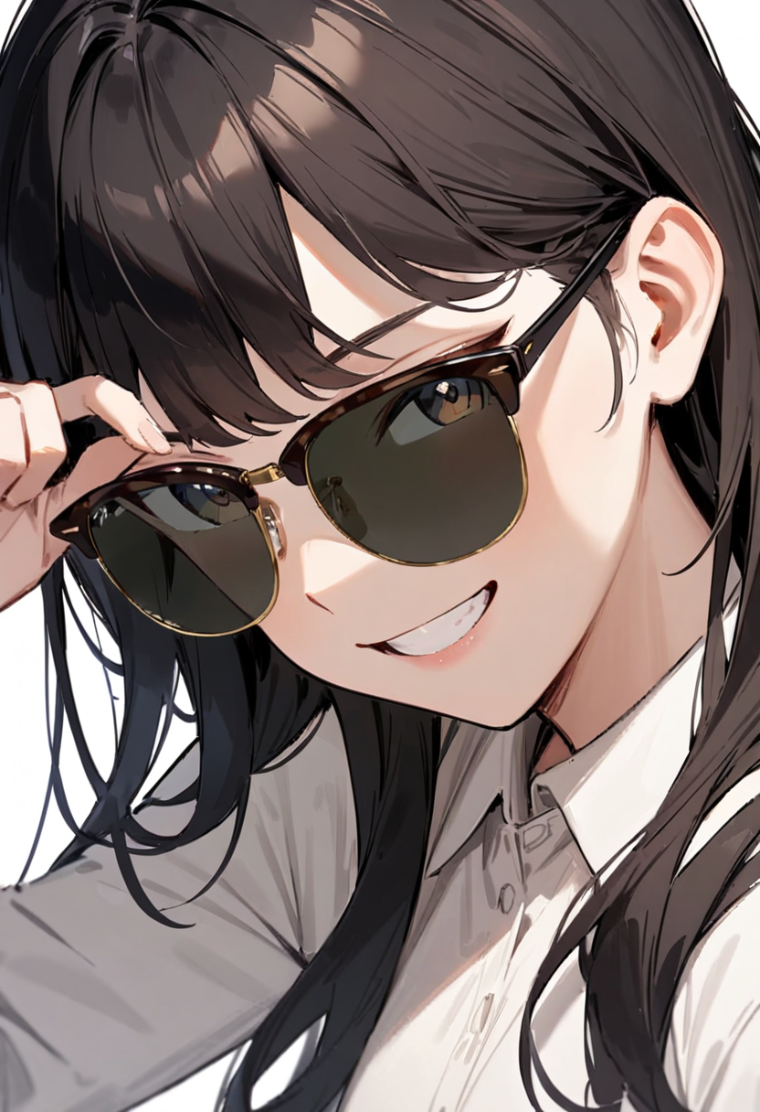 masterpiece, best quality, very aesthetic, absurdres,
1girl, solo, black hair, long hair,
sirmont, sunglasses, grey-tinted eyewear, brown-framed eyewear, yellow-framed eyewear, two-tone eyewear,
collared shirt, happy, smile, looking at viewer, adjusting eyewear, white background, simple background,
 <lora:sunglasses_CLUBMASTER_SDXL_V1:1>