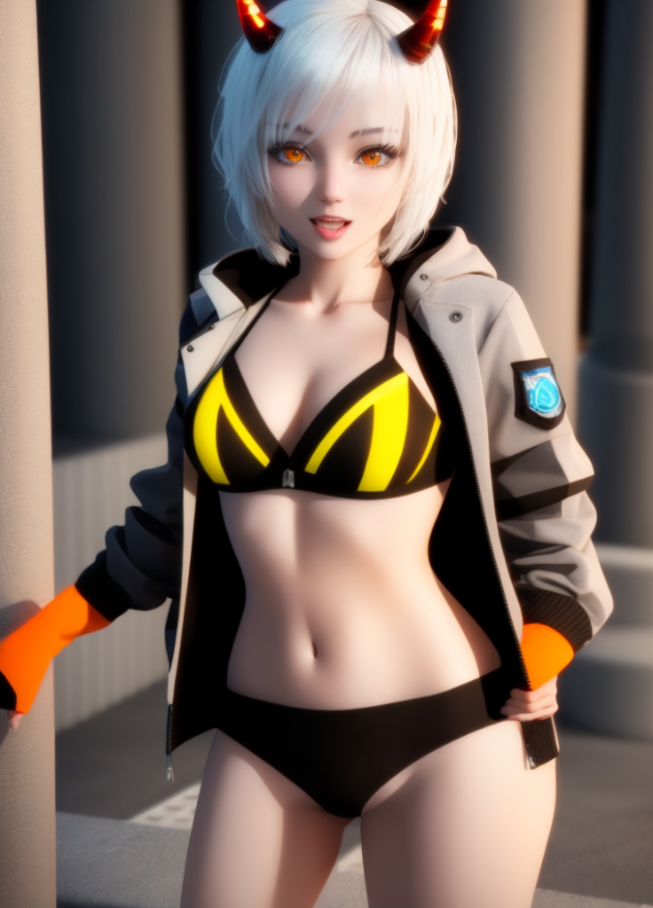 <lora:Ataru:0.65>, Ataru, 1girl, yellow eyes, heterochromia, glowing, solo, pale skin, short hair, single horn, horns, navel, breasts, white background, simple background, long hair, jacket, grey hair, open mouth, medium breasts, seductive smile, tight bikini, public bath,  presenting vagina, (((3d, cgi)))