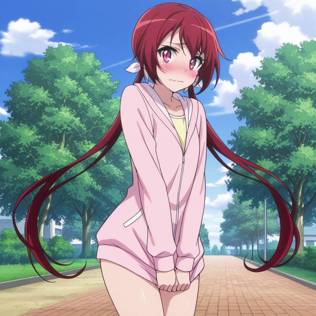 nsfw, masterpiece, best quality, 1girl, solo, jokamachi_no_danderaion_akane_sakurada, standing, blush, twintails, red hair, long hair, wavy mouth, low twintails, red eyes, sky, day, cloud, embarrassed, looking at viewer,jacket, floating hair, hood, outdoors, at park, <lora:Akane_Sakurada_-_Jokamachi_no_Danderaion_2:0.7>
