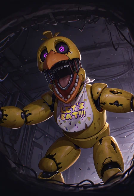 masterpiece, best quality, amazing quality, very aesthetic, absurdres, newest, detailed background, foreground blur, (( cartoon,  )),
withchica, 1girl, teeth, robot, open mouth, solo, yellow skin, bib , no humans, joints, beak, bird, purple eyes, wires
crawling through vent, half closed eyes, no eyes, black sclera, black tears, bloody vents, metal vents, dark,