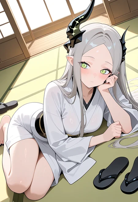 masterpiece, best quality, high resolution, source_anime, highly detailed illustration, detailed eyes,
very aesthetic, absurdres, newest, amazing quality,
1girl, solo,
<lora:shiLeviathanV1ill-000010:1>,
shileviathandef, black slime,
long hair, grey hair, parted bangs, green eyes, slit pupils, asymmetrical horns, pointy ears, medium breasts,
black nails, stash, obi, unworn sandals,
white kimono, barefoot, lying, on side, indoors, tatami, japanese clothes, arm rest,