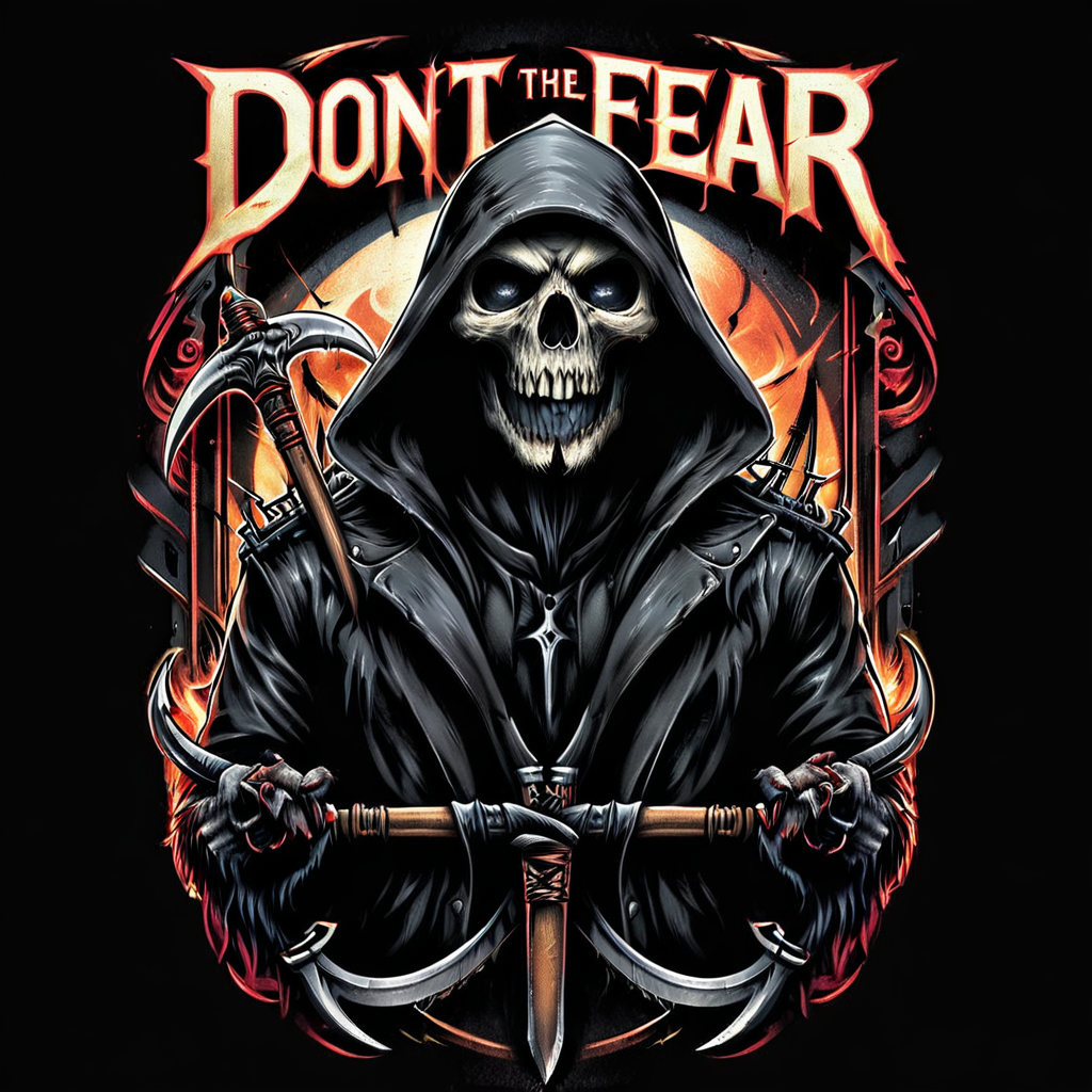 impactful color paint of  a gritty version of a reaper holding a scythe,  Text "DON'T FEAR THE REAPER" , highly detailed, vibrant colors , 8k, sharp, professional, clear, high contrast, high saturated, vivid deep blacks, crystal clear, <lora:Rock_Metal_Style:1>