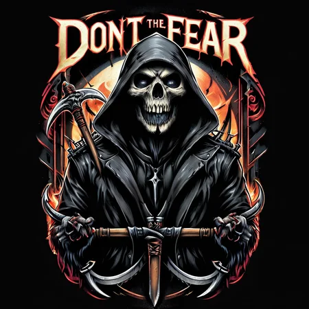 impactful color paint of a gritty version of a reaper holding a scythe, Text "DON'T FEAR THE REAPER" , highly detailed, vibrant colors , 8k, sharp, professional, clear, high contrast, high saturated, vivid deep blacks, crystal clear, <lora:Rock_Metal_Style:1>