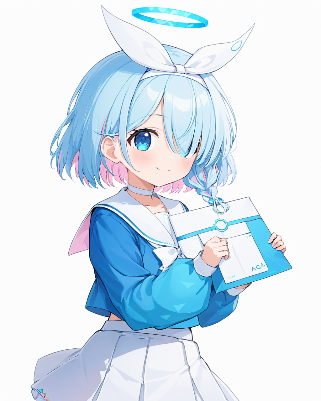 arona \(blue archive\),1girl, solo, holding_envelope, halo, white_skirt, hair_over_one_eye, white_background, smile, simple_background, serafuku, single_braid, arm_behind_back, letter, white_choker, white_sailor_collar, long_sleeves, pleated_skirt, blush, bow_hairband, ribbon, white_bow, blue_shirt, white_hairband, closed_mouth, puffy_sleeves
<lora:arona_(blue_archive)_image5127_2023-12-02-000009:1>halo. gorgeous,key visual, vibrant, studio anime,award-winning, professional, highly detailed,high budget, cinemascope