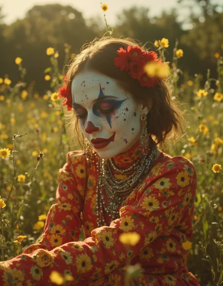 corporate branding style A fantasy-realism portrait capturing a person's unique appearance with exaggerated clown makeup and traditional attire. The subject sits in a tranquil outdoor setting, with soft lighting enhancing the vibrant colors of their face paint and jewelry. The composition is intimate yet engaging, utilizing shallow depth of field to focus on the subject while subtly blurring the background for a dreamy effect. A warm color palette harmoniously ties together the various elements of this image, creating a compelling piece that blends fantasy with reality . professional, clean, modern, sleek, minimalist, business-oriented, highly detailed