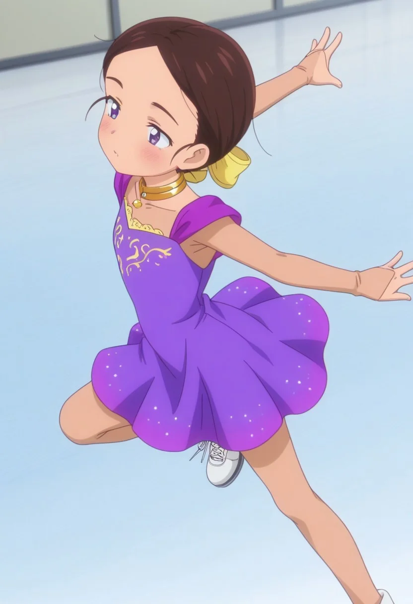 Masterpiece , best quality , amazing quality , anime screencap , ice skater , a girl , emayamato , purple sleeveless dress , brown hair , posing