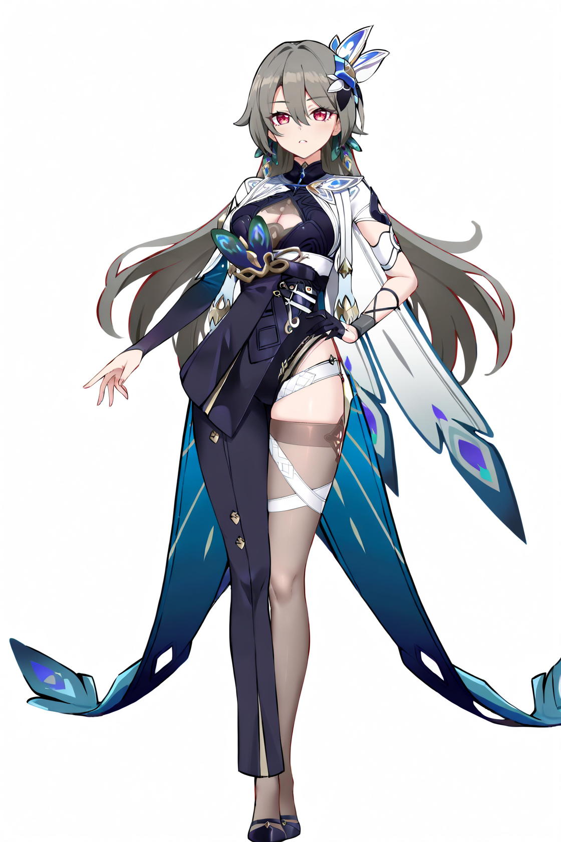 8k, best quality, masterpiece, (ultra-detailed), (high detailed skin), 
full body, full shot, standing, looking at viewer, (solo:1.2), simple background, white background, hand on own hip, 
<lora:vita-noob-Tanger-000012:0.8>, vita, default clothes, 1girl, hair ornament, long hair, dress, single black glove, bangs, asymmetrical gloves, black footwear, breasts, red eyes, earrings, single thighhigh, mismatched gloves, brown hair, cleavage, jewelry, hair between eyes, 
between eyes, 
A full-body portrait of a young girl, standing gracefully, pastel art style, high-key lighting, shoujo manga influence, hd quality, delicate details,