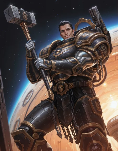 masterpiece, best quality,high quality, newest, highres,8K,HDR,absurdres, dynamic angle, realistic, 1boy, iLLFerrusM40k, solo, armor, metallic arms, smile, holding a hammer, in a space ship, close up, <lora:iLLFerrusM40k:1>