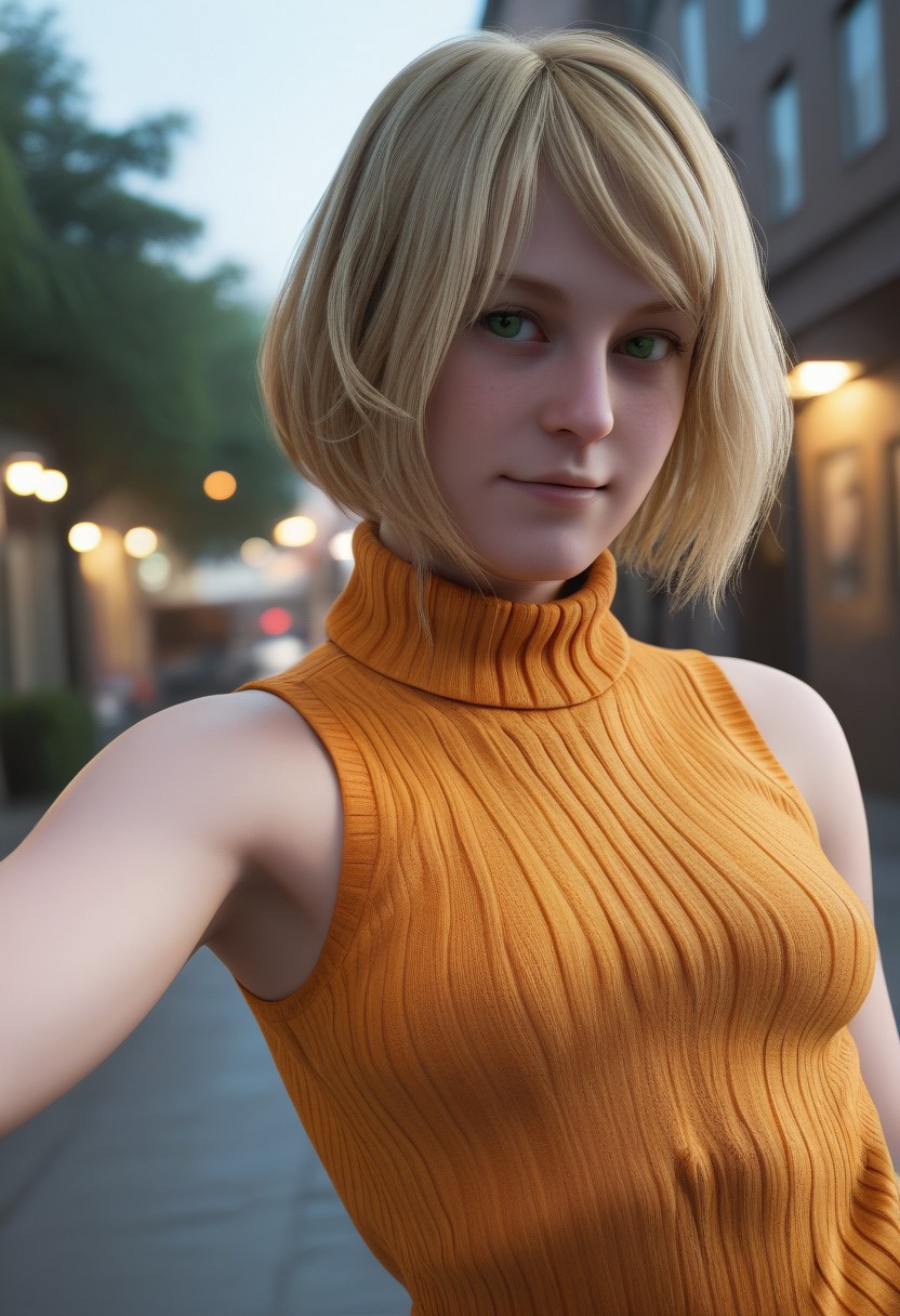 score_9, score_8_up, score_8_up, 1girl, solo, ((portrait)), skinny, 4shl3y_Gr4h4m_SKNSFW, [[[[freckles]]]], [[[[multiple moles]]]], short hair, blonde hair, green eyes, swept bangs, curtained hair, bob cut, flat chest, small breasts, [[[puffy nipples]]], sleeveless turtleneck, orange sweater, flirting, teasing,
BREAK,
[[[town, outdoors, street, night]]],