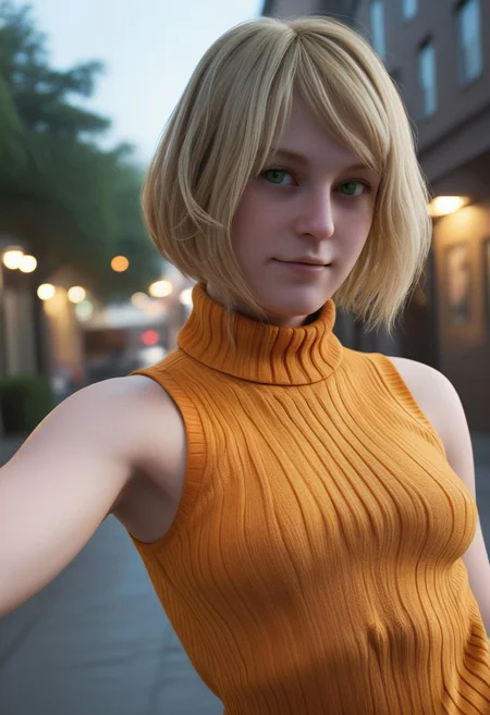 score_9, score_8_up, score_8_up, 1girl, solo, ((portrait)), skinny, 4shl3y_Gr4h4m_SKNSFW, [[[[freckles]]]], [[[[multiple moles]]]], short hair, blonde hair, green eyes, swept bangs, curtained hair, bob cut, flat chest, small breasts, [[[puffy nipples]]], sleeveless turtleneck, orange sweater, flirting, teasing,
BREAK,
[[[town, outdoors, street, night]]],