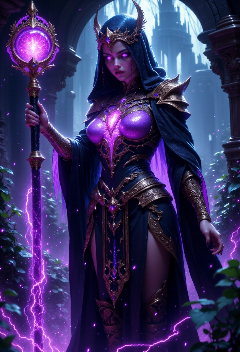 Cinematic full body shot of an ancient female witch with purple glowing eyes, super detailed face features, adorned in intricate gold armor and black cloak and hood, holding a purple orbstaff, illuminated by the soft glow from bioluminescent plants, with shimmering particles floating around her, creating a magical ambiance. The background is darkened to highlight her features, and she exudes both power and elegance. masterpiece, best quality, highly detailed, sharp focus, dynamic lighting, fsstyle, hkmagic  <lora:FantasyWizardWitchesFluxV2-000001:0.85>  <lora:fsstyle:0.8>
