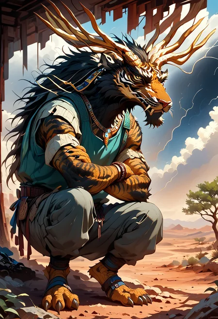 solo, Xerneas, sinozick style, alien humanoid, qinglong, dragon, tiger, peregrine falcon, moose, man, longxiang style, m0nst3r, tig, chinese dragon, long muzzle, big fangs, orange and black fur, green scales, jade patterened scales, scaly arms, male_tiger, emerald tree boa, anthro, furry male, standing, curious smile, arms crossed, teal tank top, light gray shorts, jewelry, bracelets, rings, BREAK,
New Mexico desert, southwestern desert, desert, rock, weed, scattered trees, thunderstorm, day, sunlight through clouds, thunderclouds in background,