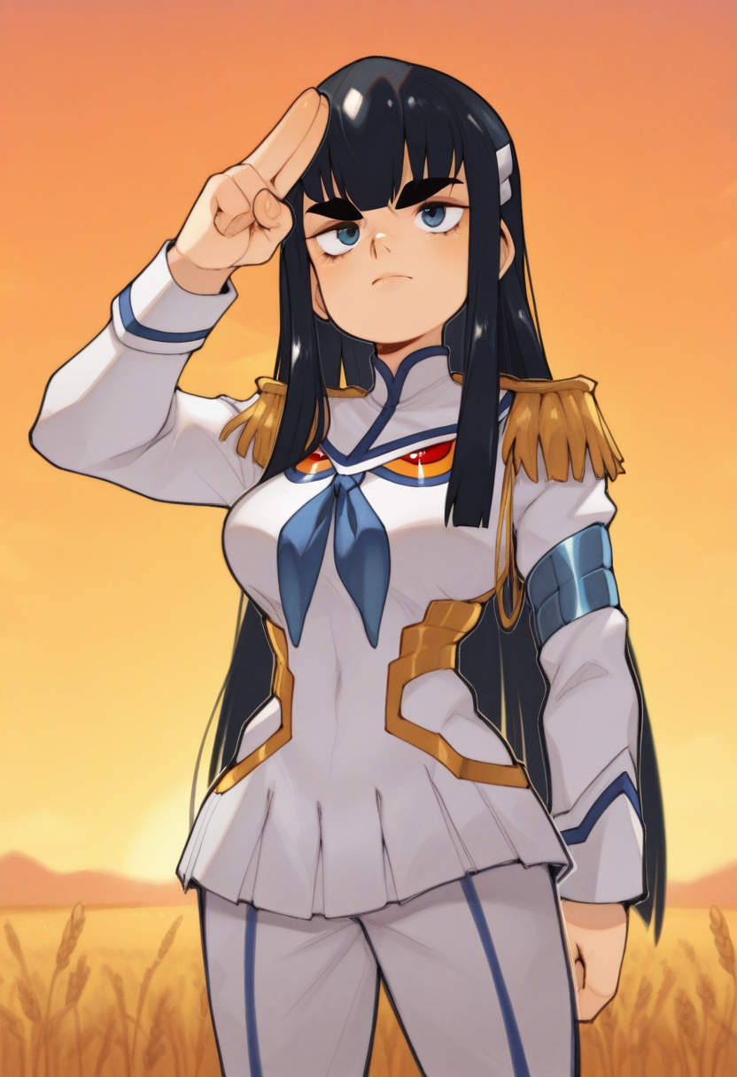 04N1M3R3style, masterpiece, best quality, solo,                                                                                      kiryuuin satsuki, large eyebrows, military uniform, salute, sunset,  wheat field,