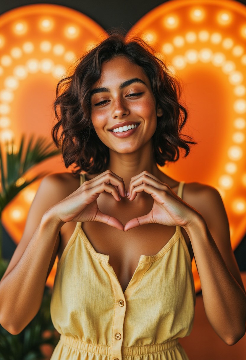 FictionalEsmeralda, tanned skin, shoulder length hair, brown hair, brown eyes, freckles.
Doing a heart shape with her hand and smiling with eyes closed. Background of a large glowing heart. wearing a pastel yellow one piece dress