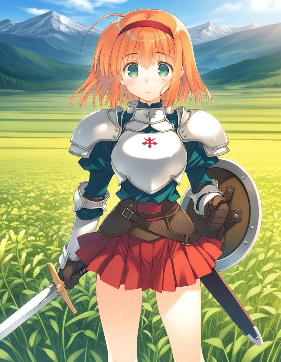 (mitsumi masato), <lora:1_illu_mitsumi_9e:1>, 1girl, armor, sword and shield, skirt, freckles, orange hair, medium hair, green eyes, field, mountains, (masterpiece, best quality, amazing quality),