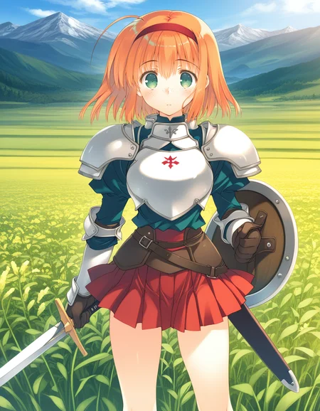 (mitsumi masato), <lora:1_illu_mitsumi_9e:1>, 1girl, armor, sword and shield, skirt, freckles, orange hair, medium hair, green eyes, field, mountains, (masterpiece, best quality, amazing quality),