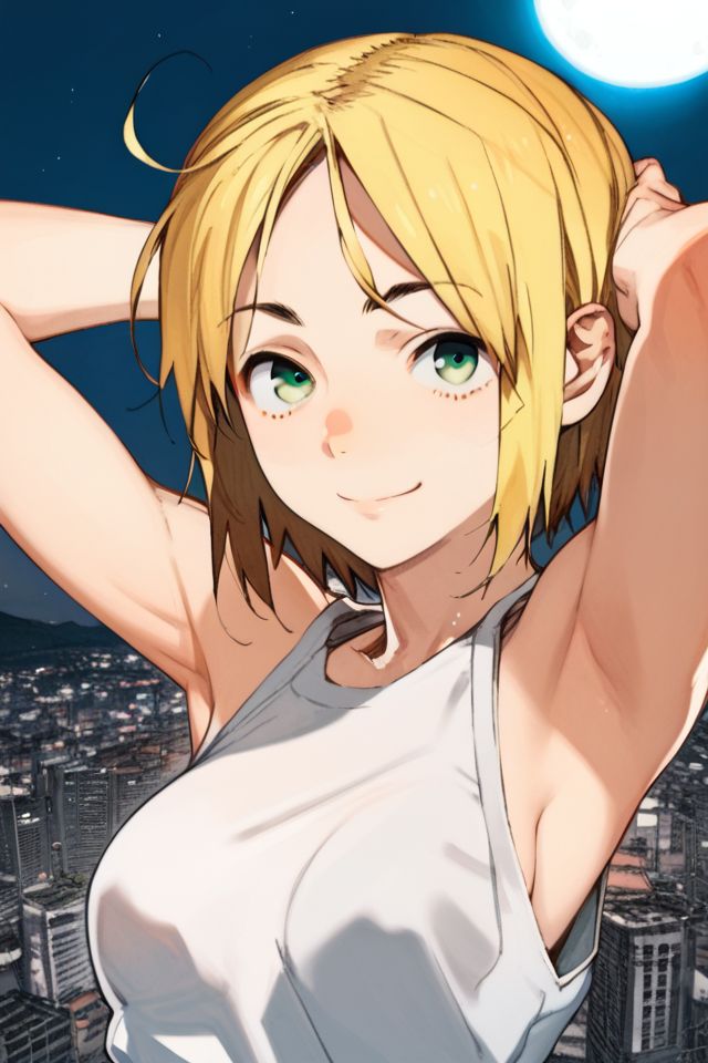 score_9, score_8_up, score_7_up, 1girl, naughty smile, yellow hair, textured_bangs, okappa, green eyes, medium breasts, arms_behind_head, hotel, sidelighting <lora:toi8_PonyXL_style_v01:1>