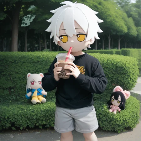score_9_up, score_8_up, score_7_up, fumo, fumos, plushie, cute, toys, dolls, toy, fumo style, Fumo plush doll, fumo \(doll\), white hair, yellow eyes, park, holding, bubble tea, black sweater, gray shorts, 1boy, solo