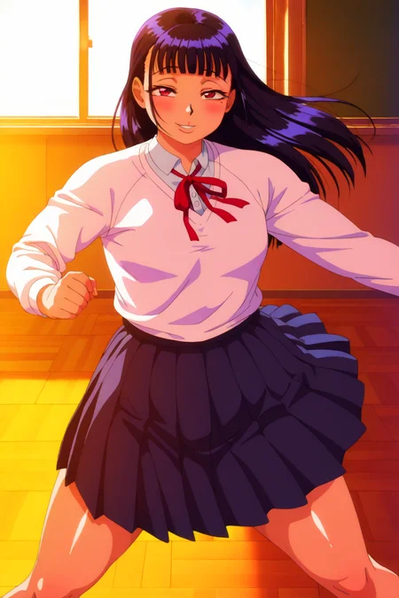 <lora:anime_screencap-IL v-pred:1.5>,<lora:T-rex_studio_animation_style>,<lora:Pony_DetailV2.0:-1>,<lora:1990_Style_Pony:0.5>,(solo:1.5),
score_9,score_8_up,score_7_up,score_6_up,score_5_up,score_4_up,source_anime,(front light:1.8),
masterpiece,absurdres,highres,highest quality,Super detailed,32K,High resolution,an extremely delicate and beautiful,Official Art,perfect anatomy,
(Contrasting colors,octane rendering,Fully painted,anime coloring,anime screencap,Cel-shaded anime,1990s (style),retro artstyle:1.25),
perfect face,ultradeTailed eyes,beautiful,sexy,supermodel,athletic body,shiny skin,Dramatic light,thigh,(curvy:1.1),(scale to fit the dimensions:1.2),
<lora:agawa-000019:1.2>,((4g4w4:1.5)),long hair,black hair,mole under eye,sanpaku,blunt bangs,(broad shoulders,plump:1.1),small breasts,wide hip,thick thigh,parted lips,blush,
(schoolwear, long sleeve shirt,red ribbon, pleated skirt:1.5),long hair,blunt bangs,standing,parted lips,blush,legs apart,looking at viewer,((day,smile,dynamic pose,indoor,classroom:1.5)),<lora:Classroom-IL:1>,