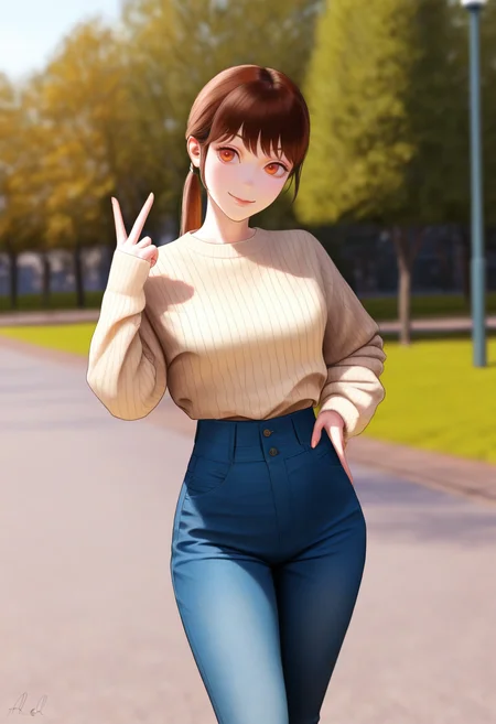 (m alexa:0.5), (yarn \(yarn 03\):0.7), masterpiece, best quality, 1girl, solo, brown hair, amber eyes, smile, long hair, half updo, low ponytail, sweater, sweater tucked in, high-waist pants, jeans, wide hips, thighs, outdoors, park, summer, smile, v sign, hand on hip, <lora:ChamIllustriousBackgroundEnhancer:1>