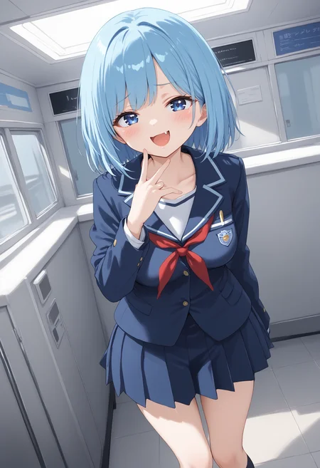 1girl, medium breasts, school uniform,
mesugaki, smile, looking at viewer, blush, hand up, :3, fang,<lora:mesugaki_Pony_v1:0.9>
dutch angle, wide shot, looking away, blue hair, blue eyes,anguish, airport, open mouth, single hair,,