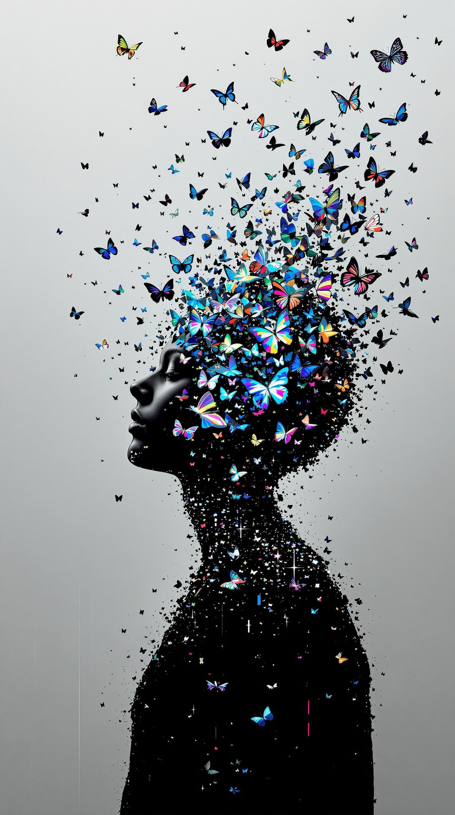 A human silhouette shattering into a flock of glitching digital butterflies against a stark, minimalist data-void. Surreal, symbolic transformation, emotional, beautiful color aberrations, fine art photography style.
