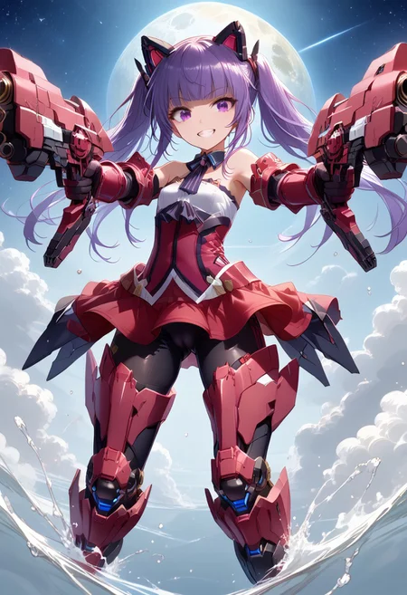 solo, score_9, score_8_up, score_7_up, source_anime, masterpiece, best quality, 1girl, icjayk, purple hair, twintails, blunt bangs, purple eyes, flat chest, small breasts,mecha musume, red armor,  gauntlets,  armored boots, red leotard, detached collar,  purple leotard, red gloves,  elbow gloves, red skirt, microskirt, fake animal ears, bare shoulders, black pantyhose, cameltoe, flying through space, space, galaxy, moon in background, dual pistols, aiming pistol against the camera, mecha musume, smile with teeth, naughty smile, covered nipples,