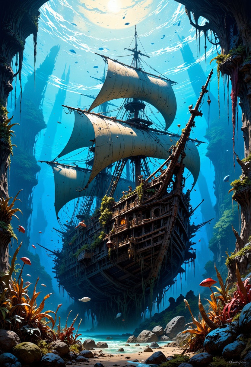oil painting, rough, textural, broad brush strokes, of underwater seascape' a sunken shipwrecked pirate ship, damaged and becoming covered in seaweed and barnacles, rigging and sails full of holes and almost destroyed, surrounded by large fish, mythp0rt