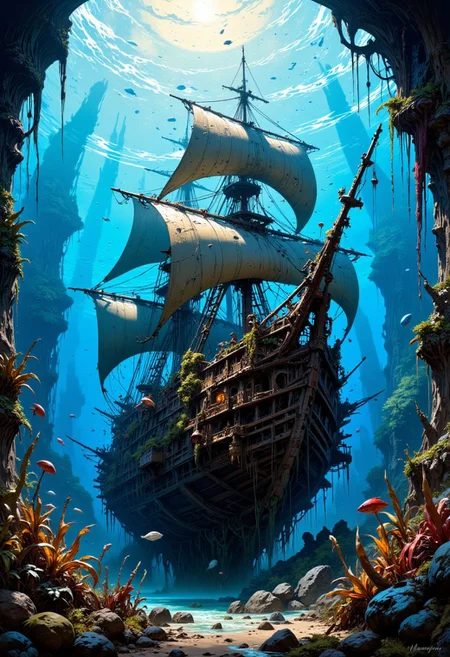 oil painting, rough, textural, broad brush strokes, of underwater seascape' a sunken shipwrecked pirate ship, damaged and becoming covered in seaweed and barnacles, rigging and sails full of holes and almost destroyed, surrounded by large fish, mythp0rt
