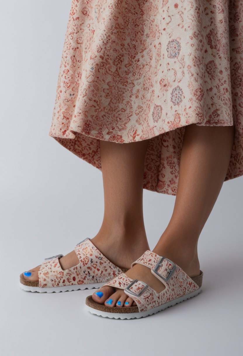 1girl, solo, simple_background, white_background, birksonfeet, blue_toenail_polish, close-up, lower_body, footwear_focus, patterned, long_skirt