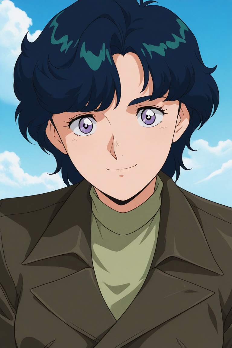 masterpiece, best quality, source_anime,official art,perfect_anatomy,retro_artstyle, 1girl,Elischa,purple eyes,blue hair,short hair,jacket,turtleneck,(beautiful detailed face,looking_at_viewer,smile),upper body,day,blue_sky,cloud