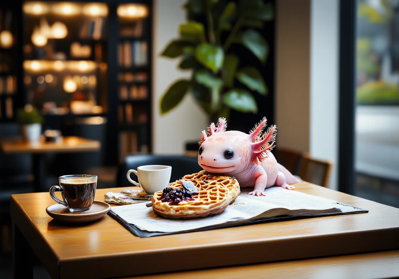 A miniature diorama of an image shot with significant tilt shift effect of tiny axolotls, high angle view, side view of a pink axolotl in a tiny café nook by a window, reading a miniature book while enjoying a small stack of waffles with powdered sugar and berry compote; its round black eyes are focused on the book, and its frilly gills sway gently as it sips a tiny cup of coffee; raindrops trickle down the window, casting soft, reflective shadows, and the tilt-shift effect blurs the nearby wooden tables, shelves lined with books, and soft lighting, creating a peaceful, cozy reading atmosphere, the tiny axolotls have pink frilly gills and round black eyes<lora:Axomodel_Flux_V1.1.safetensors:0.9:0.9> <lora:Diorama_Flux.safetensors:1.5:1.5>