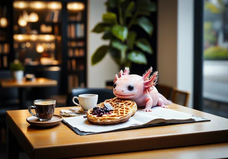 A miniature diorama of an image shot with significant tilt shift effect of tiny axolotls, high angle view, side view of a pink axolotl in a tiny café nook by a window, reading a miniature book while enjoying a small stack of waffles with powdered sugar and berry compote; its round black eyes are focused on the book, and its frilly gills sway gently as it sips a tiny cup of coffee; raindrops trickle down the window, casting soft, reflective shadows, and the tilt-shift effect blurs the nearby wooden tables, shelves lined with books, and soft lighting, creating a peaceful, cozy reading atmosphere, the tiny axolotls have pink frilly gills and round black eyes<lora:Axomodel_Flux_V1.1.safetensors:0.9:0.9> <lora:Diorama_Flux.safetensors:1.5:1.5>