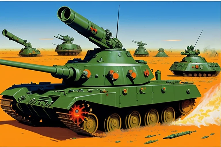 a painting of tanks firing their cannons with bloody dead martians on the ground and martians on fire fleeing the tank, art by marsattacks3