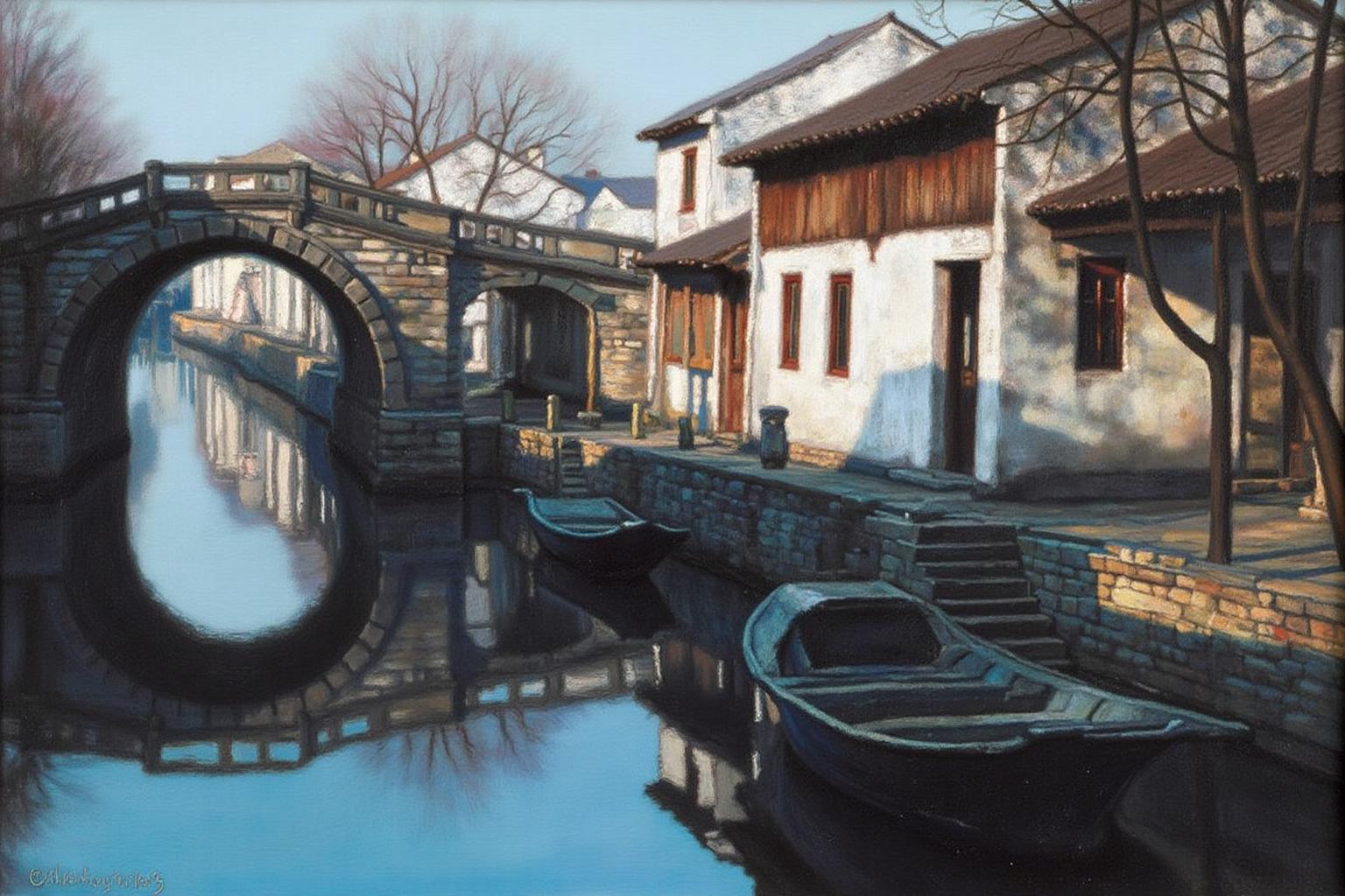 chenyifei2 painting.
A canal with a stone bridge arching over it. The water reflects the stone bridge and the colors and shapes of the surroundings. There is a house on the right with a flat-bottomed boat moored beside it.
 <lora:chenyifei2_cap_d6a3:1.0><lora:839849755157890054:0>