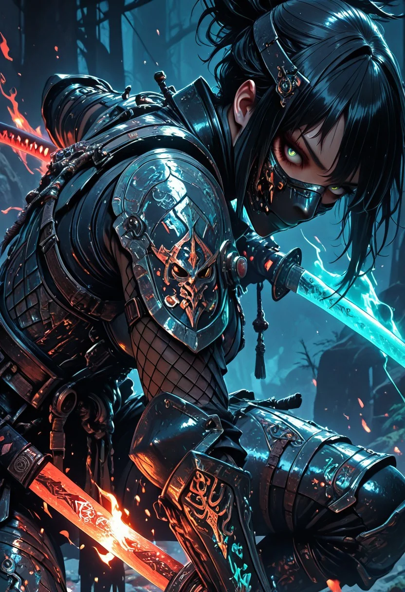 (masterpiece), (best quality), (8k), 1girl, cinematic lighting, dynamic action pose, highres, very detailed, amazing quality, masterpiece, fujimoto_tatsuki, fujimoto_tatsuki_(style),
very aesthetic, intense,
particle effect,
1girl, shadowheart, samurai, solo, layered samurai armor, engraved, bodysuit, tight clothing, fishnets, sleeveless, futuristic armor, runic symbols etched in armor, armored legs, full mask, halfmask, flaming katana,
assassin theme, japan theme,
looking at viewer, tough pose,
mountains,
at night, night, close up, closeup,