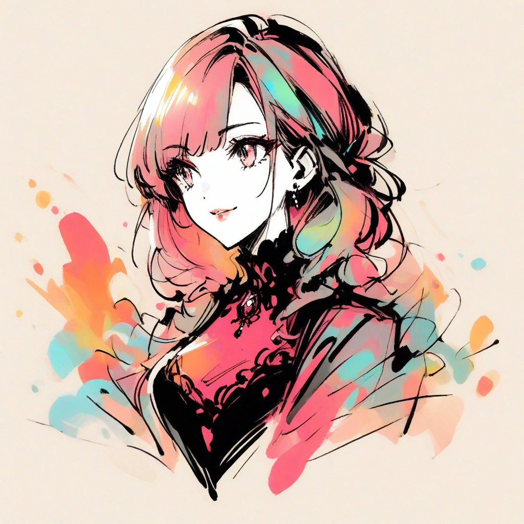 inksketch, a portrait of a woman, colorful, full body, beautiful red and black dress