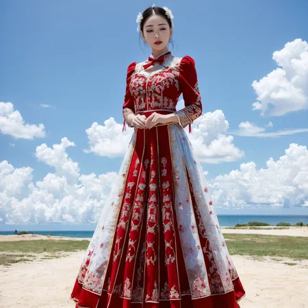 (8k, RAW photo, best quality, masterpiece:1.2), (realistic, photo-realistic:1.4), ultra-detailed, (Internet celebrity beauty),perfect detail , make up,(full body shot:1.1),(midday:1.5), (sunny:1.5),(Blue sky:1.2), (cloud),zshs, a dress with a red bow on a mannequin,<lora:zshs-10:0.8>