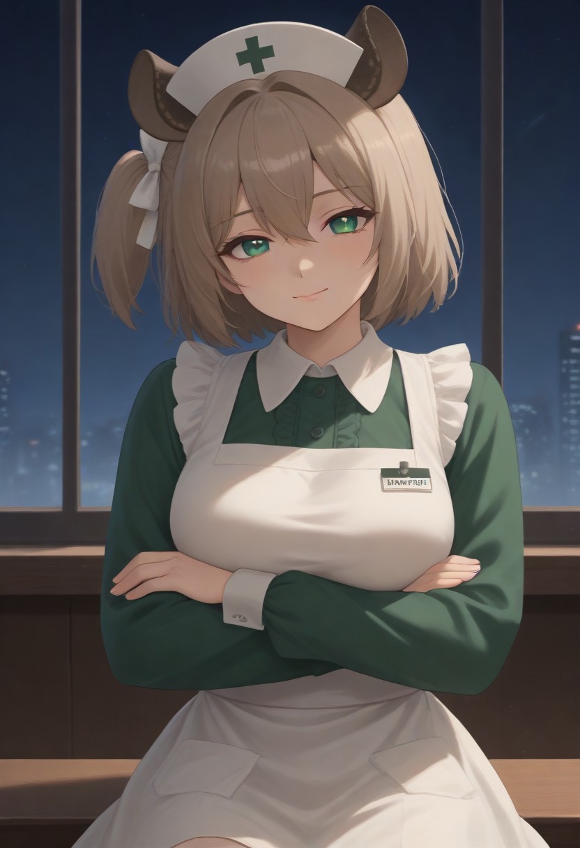 1girl, solo, solo focus, highres, absurdres, NimiNightmare, nurse cap, green eyes, bangs, animal ears, brown hair, hair between eyes, short hair, one side up,
large breasts, white apron, green dress, long sleeves, collared dress, puffy sleeves, white thighhighs,
looking at viewer, closed mouth, smug, head tilt, crossed arms,
cityscape, neon lights, window, dark, night, night sky, light particles, backlighting,