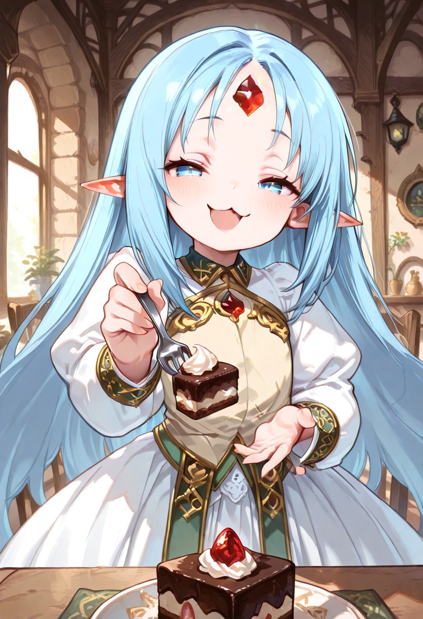 masterpiece, best quality, good quality, very awa, very aesthetic, absurdres, newest, high resolution,high quality,detailed,cute details, gr4ph1t3, beautiful eyes, perfect eyes, detailed eyes, 1girl, solo, reset_kalar_il ,pointy ears,blue hair,long hair,red gem forehead, cute dress, cowboy shot, cute, looking at viewer, half closed eyes, very smug expression, :3, very cute, feeding, food, open mouth, incoming food, looking at viewer closeup, table, chair, large cake, indoors, fantasy cafe, fantasy