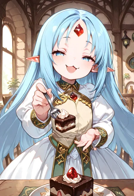 masterpiece, best quality, good quality, very awa, very aesthetic, absurdres, newest, high resolution,high quality,detailed,cute details, gr4ph1t3, beautiful eyes, perfect eyes, detailed eyes, 1girl, solo, reset_kalar_il ,pointy ears,blue hair,long hair,red gem forehead, cute dress, cowboy shot, cute, looking at viewer, half closed eyes, very smug expression, :3, very cute, feeding, food, open mouth, incoming food, looking at viewer closeup, table, chair, large cake, indoors, fantasy cafe, fantasy