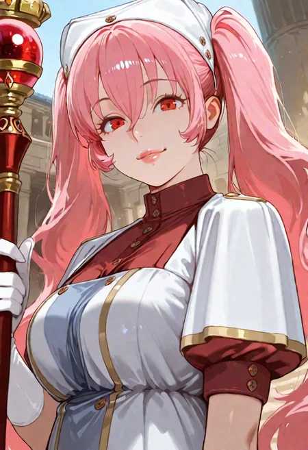 G0thicL1nes masterpiece, best quality, amazing quality, good quality,
heith velvet, long hair, pink hair, twintails, hair between eyes, red eyes, kind eyes, soft lips, luscious lips, lip gloss, gently smile, medium breasts, puffy sleeves, short sleeves, white gloves, 1girl, holding staff, looking at viewer, large breasts, dress, hat, indoor, temple,